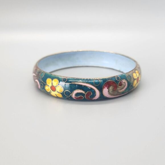 Enamel Floral Metal Bangle Bracelet Cuff Robert Kuo Unmarked Cloisonne Boho VTG - Picture 1 of 7